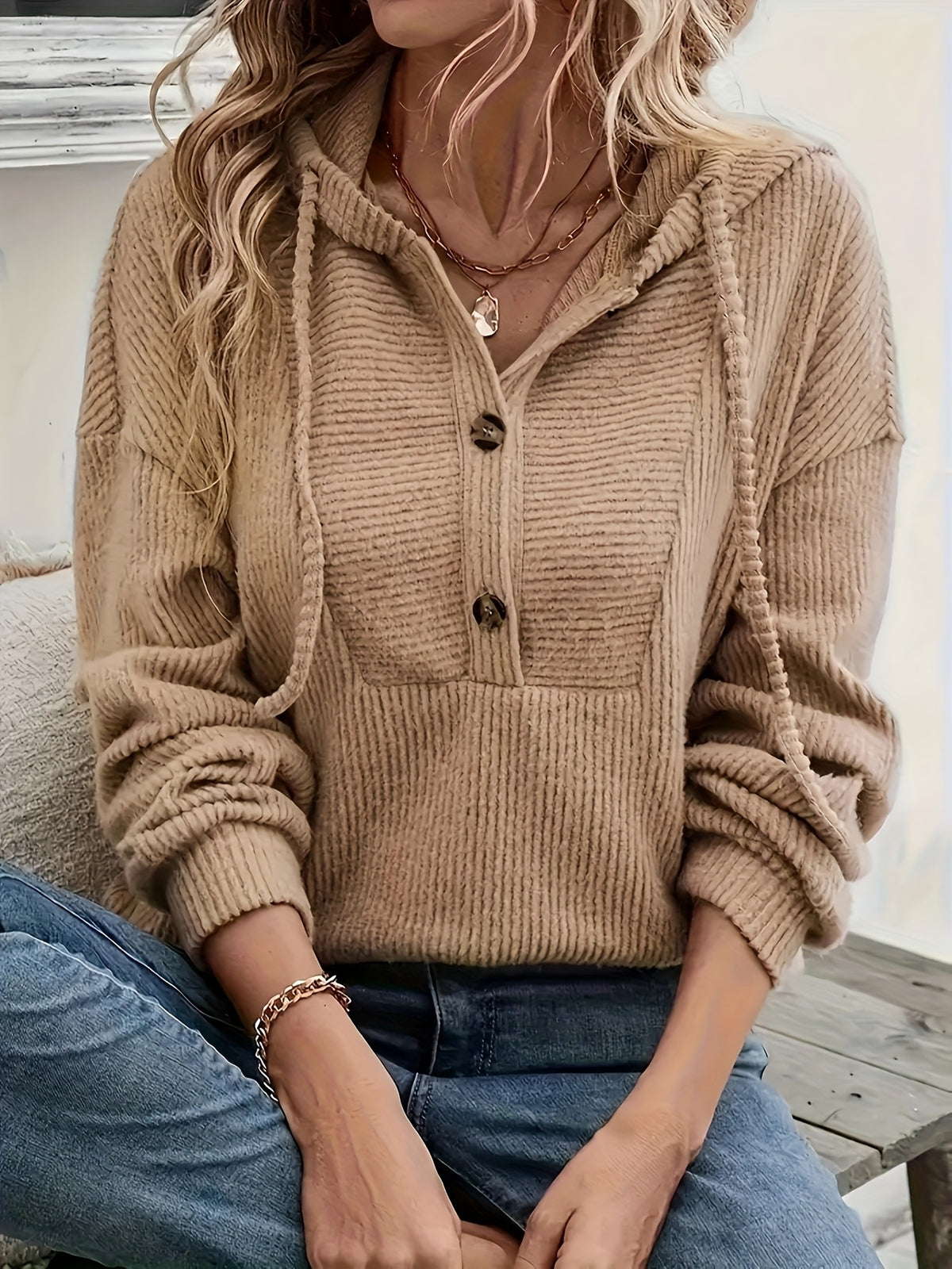 Maike | Geribbeld dames-sweatshirt met capuchon – Casual pullover met lange mouwen