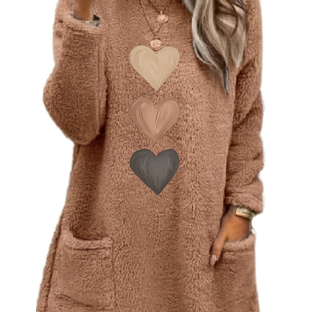 Marleen | Dames-sweatshirt met fleecevoering en hartjesprint – Casual trui met lange mouwen