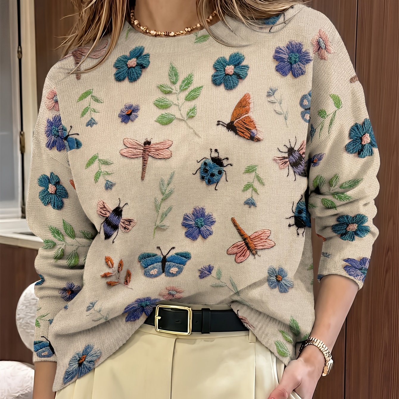 Myvella | Dames Trui met Lange Mouwen, Bloemen- en Insectenprint, Lente Casual Top