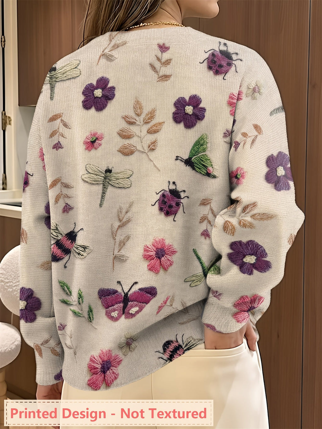 Myvella | Dames Trui met Lange Mouwen, Bloemen- en Insectenprint, Lente Casual Top