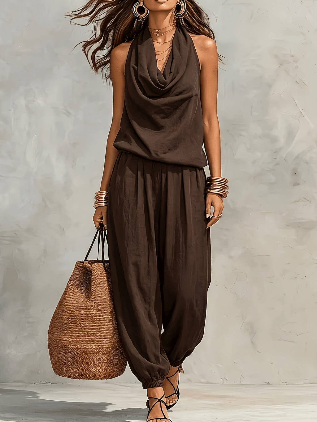 Jynna | Casual 2-delige set voor dames – Set met broek en haltertop in linnenlook
