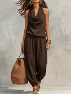 Jynna | Casual 2-delige set voor dames – Set met broek en haltertop in linnenlook