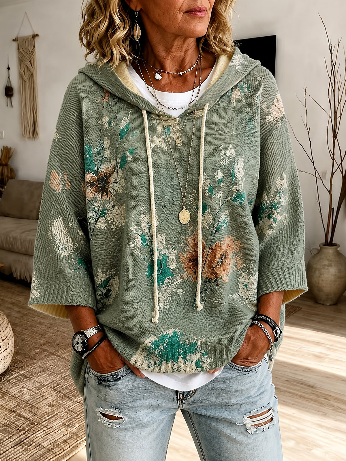Phaedra | Dames Gebloemde Capuchonponcho