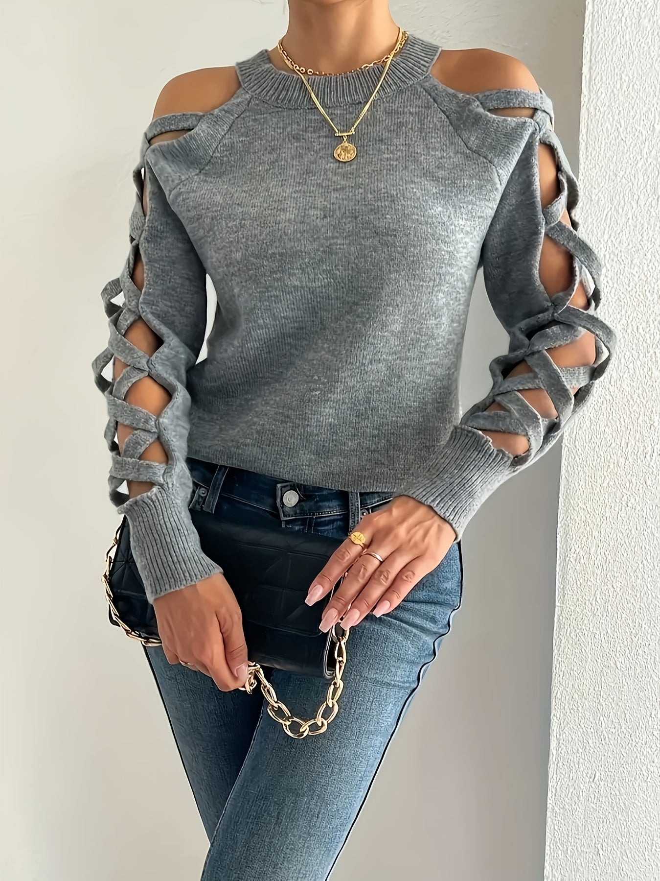 Zevessa | Lichte effen damestrui – gebreide pullover met opengewerkte mouwen