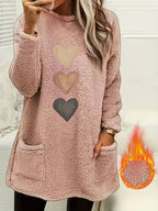 Marleen | Dames-sweatshirt met fleecevoering en hartjesprint – Casual trui met lange mouwen
