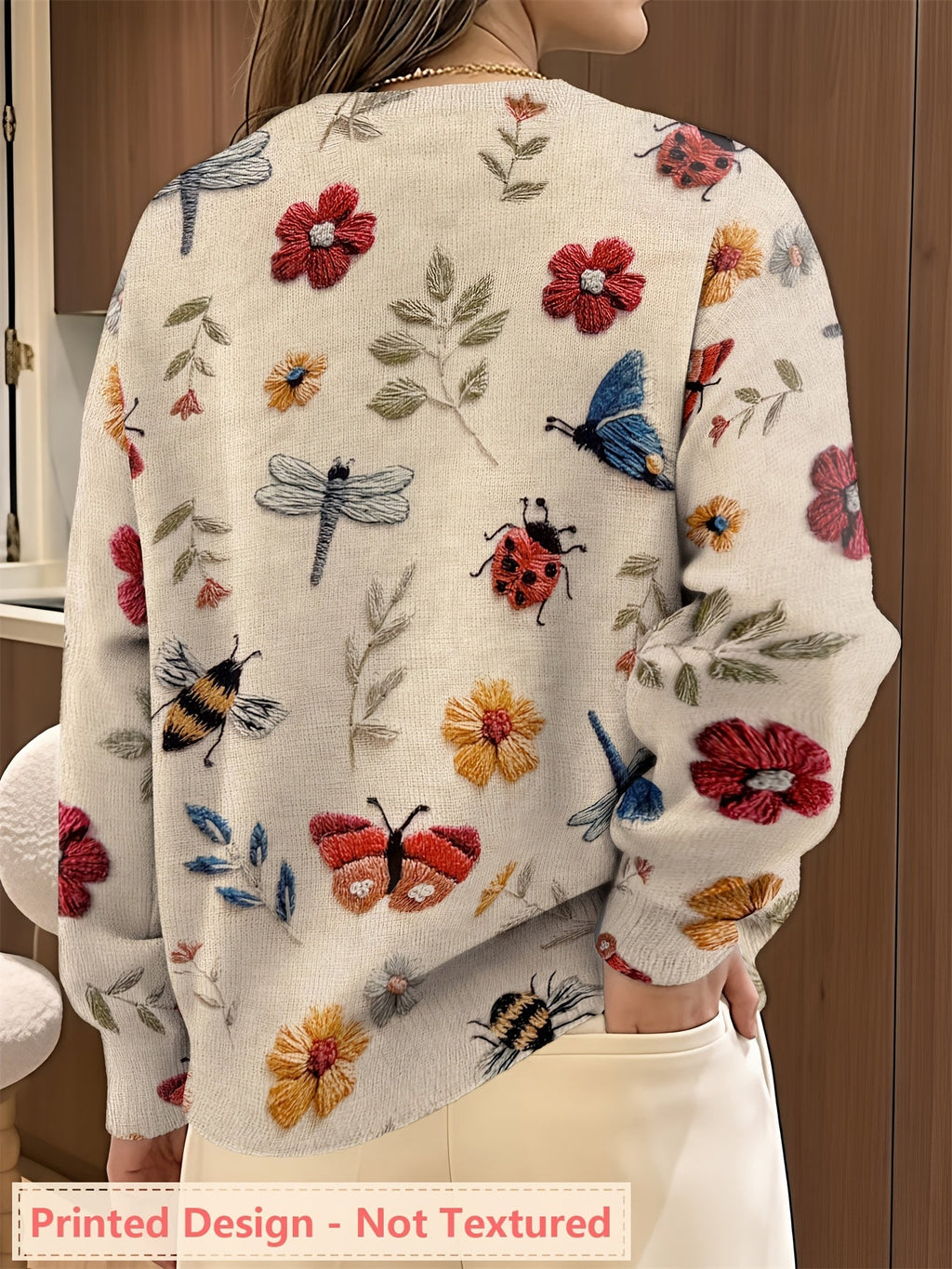 Myvella | Dames Trui met Lange Mouwen, Bloemen- en Insectenprint, Lente Casual Top