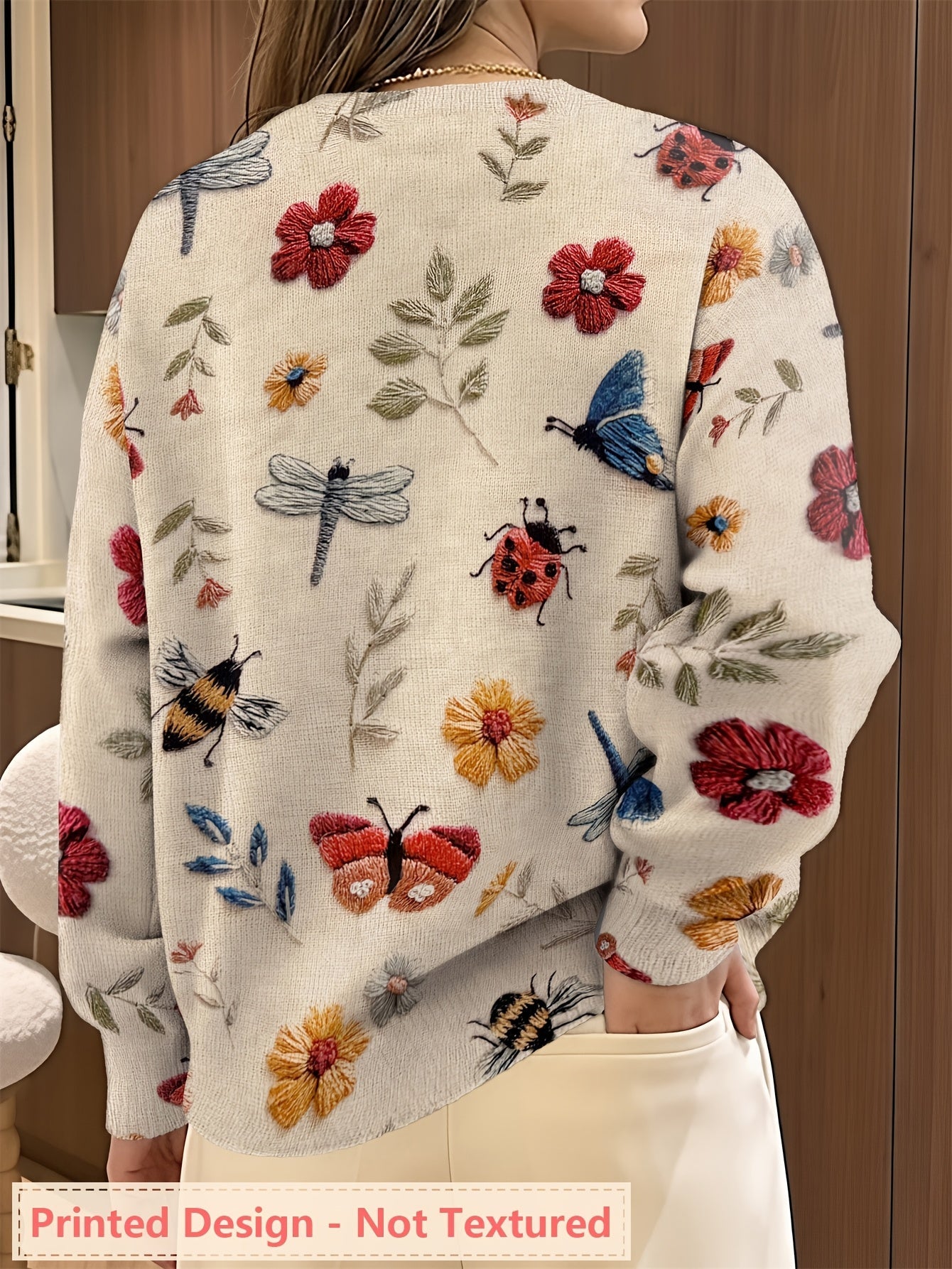 Myvella | Dames Trui met Lange Mouwen, Bloemen- en Insectenprint, Lente Casual Top