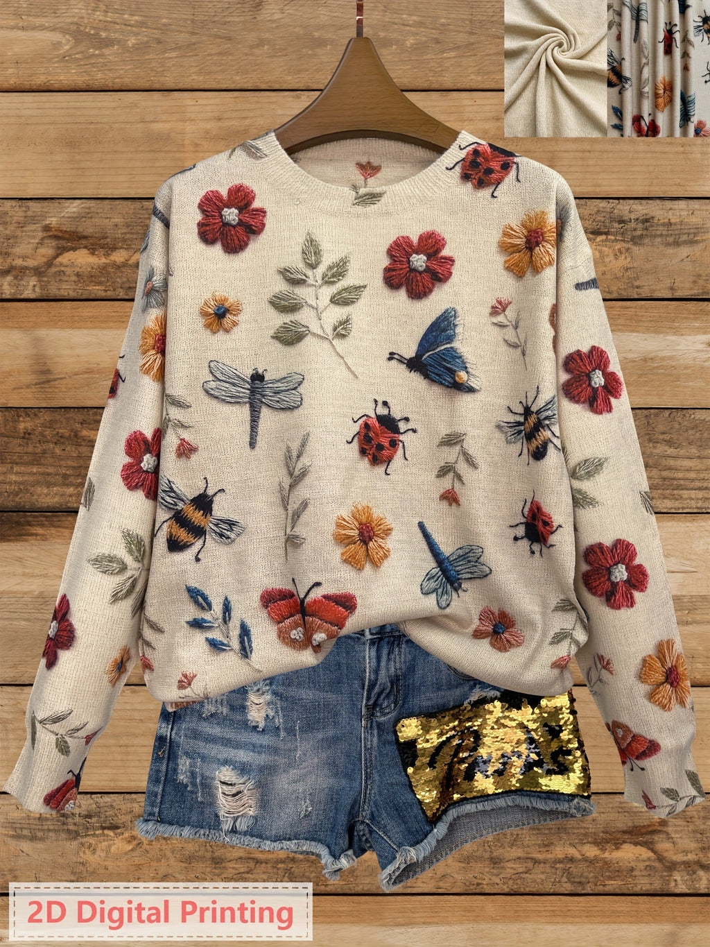 Myvella | Dames Trui met Lange Mouwen, Bloemen- en Insectenprint, Lente Casual Top