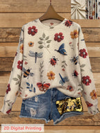 Myvella | Dames Trui met Lange Mouwen, Bloemen- en Insectenprint, Lente Casual Top