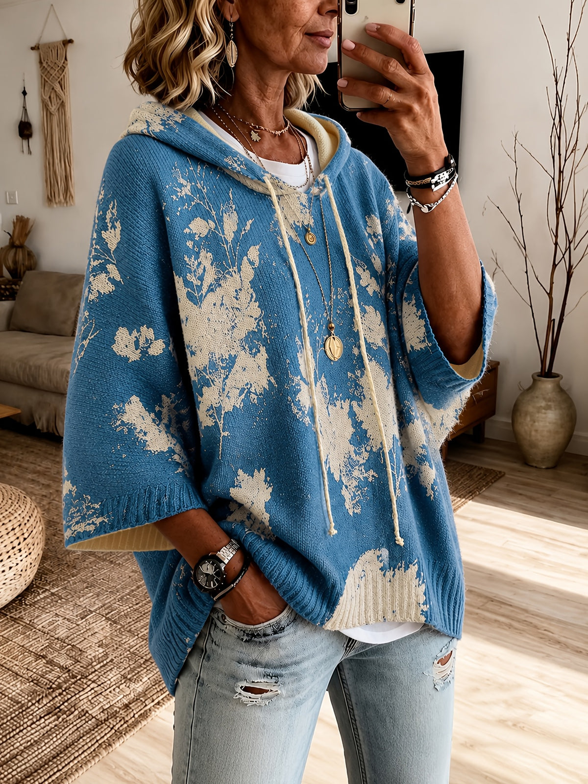 Phaedra | Dames Gebloemde Capuchonponcho