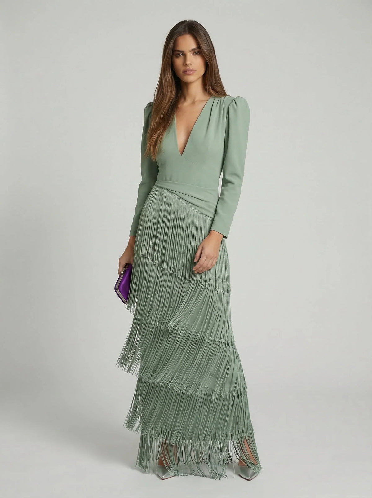 Nessa | Lange jurk met franjes voor dames – V-hals, gedrapeerde taille
