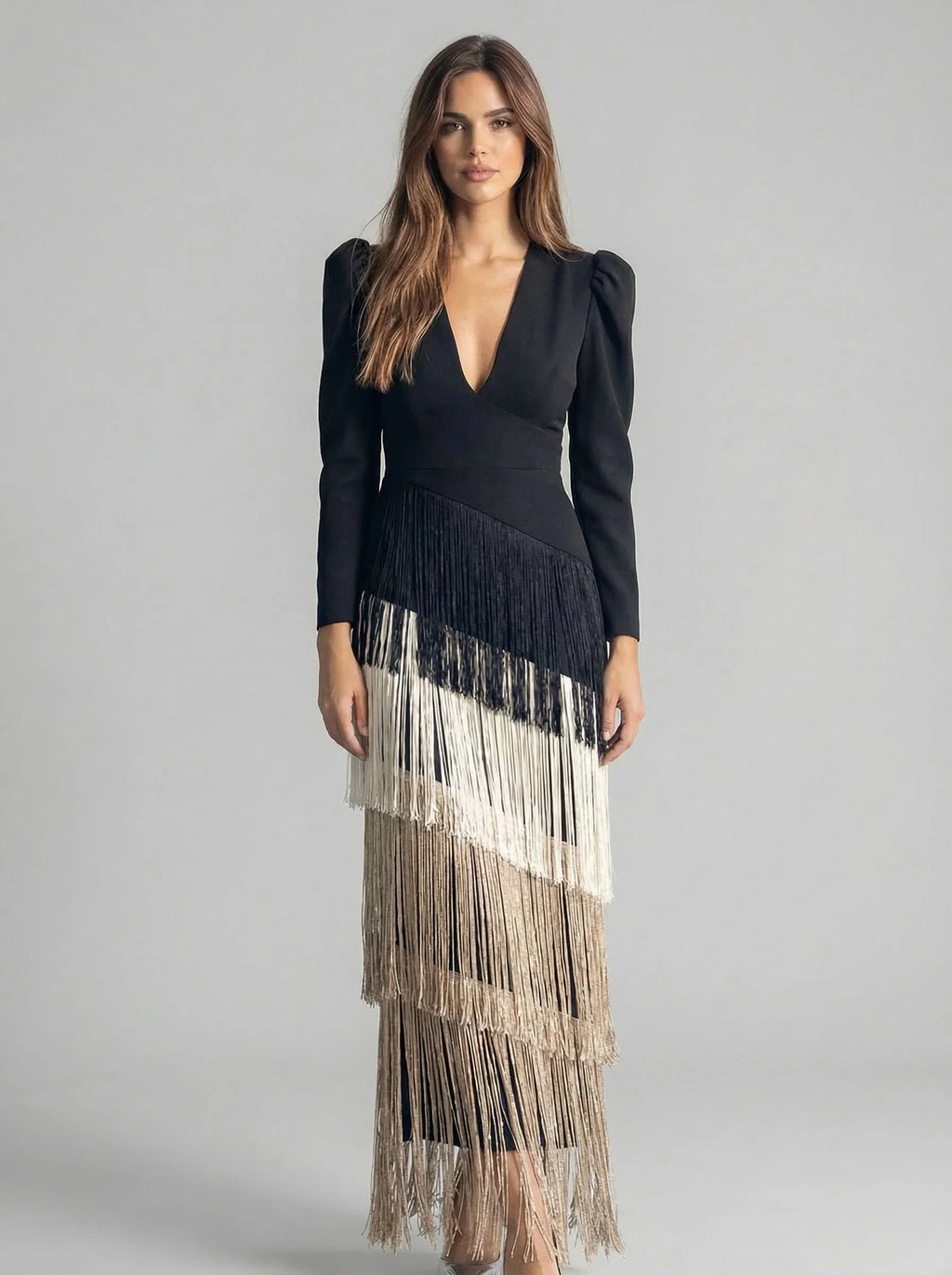 Nessa | Lange jurk met franjes voor dames – V-hals, gedrapeerde taille