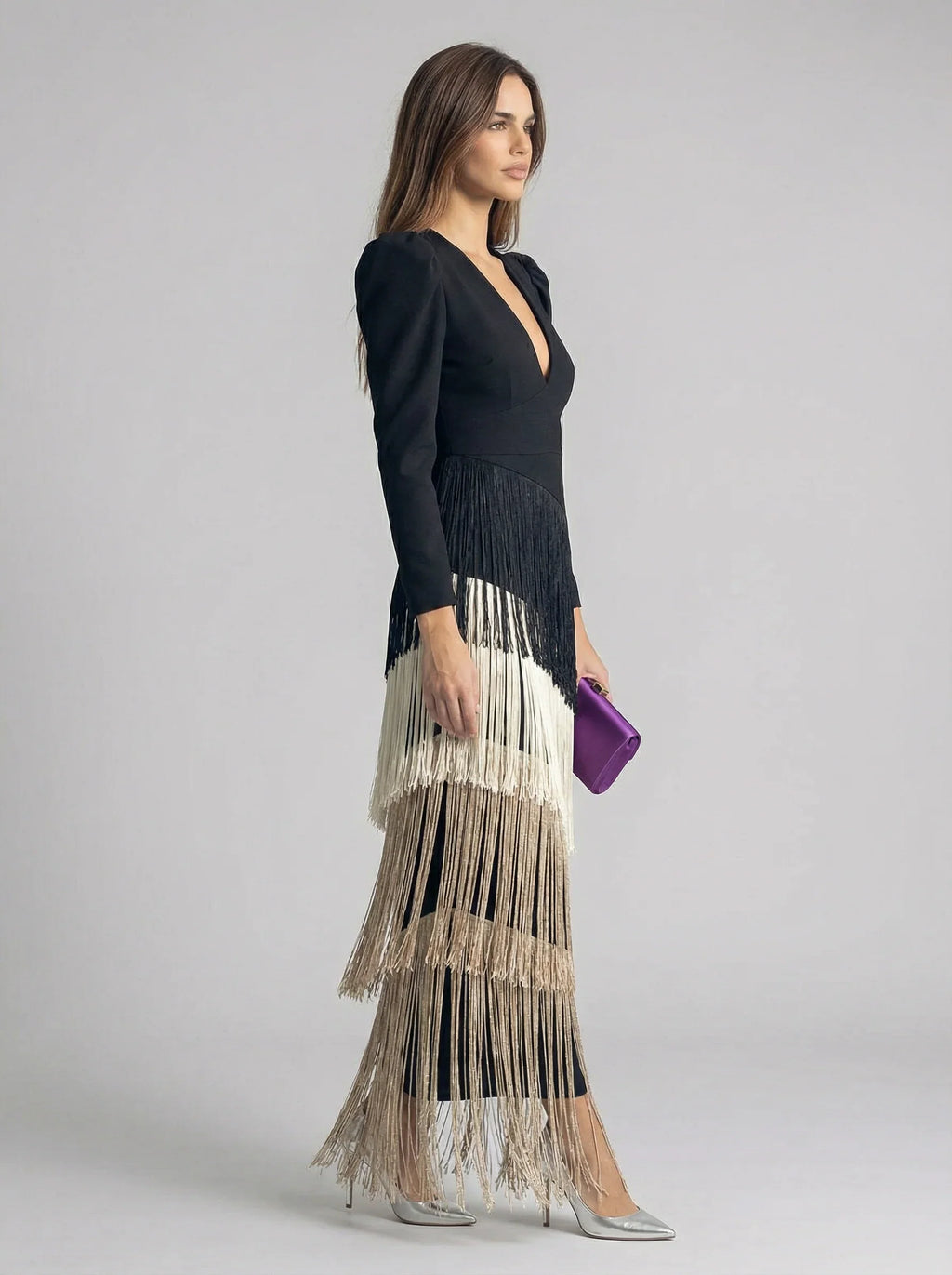 Nessa | Lange jurk met franjes voor dames – V-hals, gedrapeerde taille