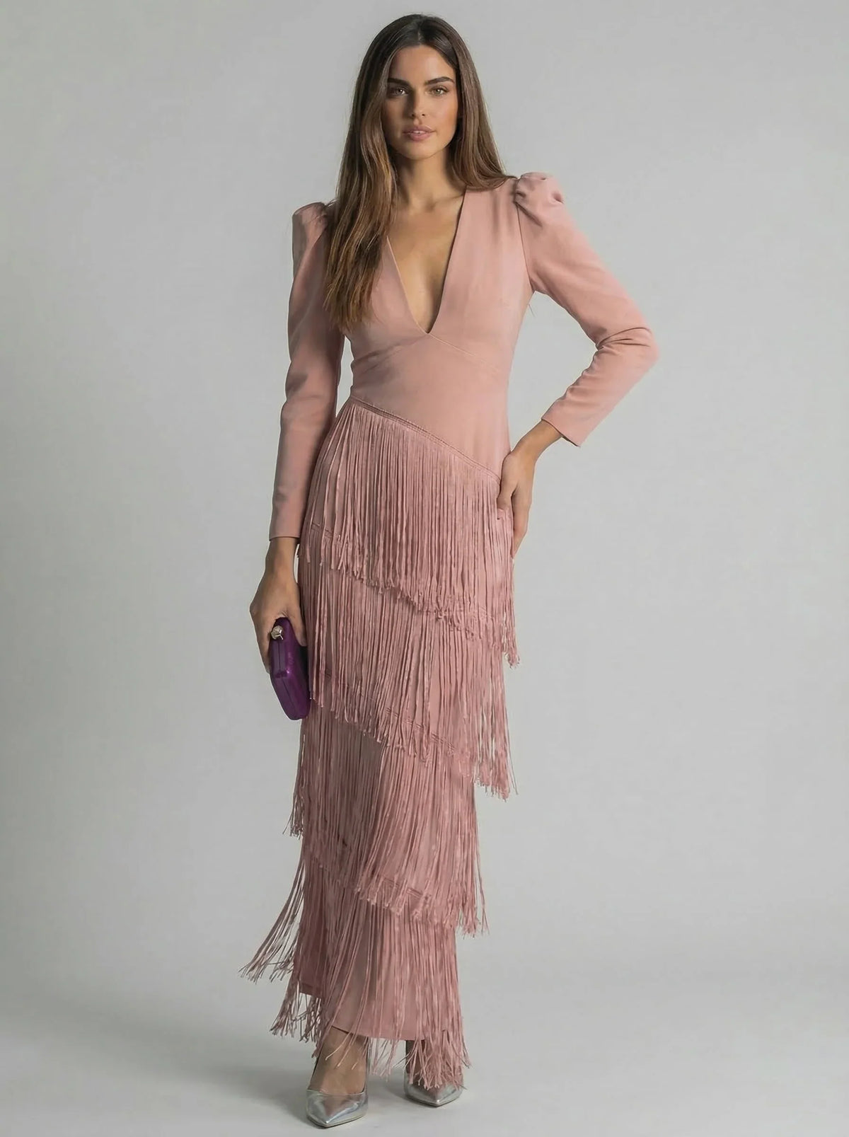 Nessa | Lange jurk met franjes voor dames – V-hals, gedrapeerde taille