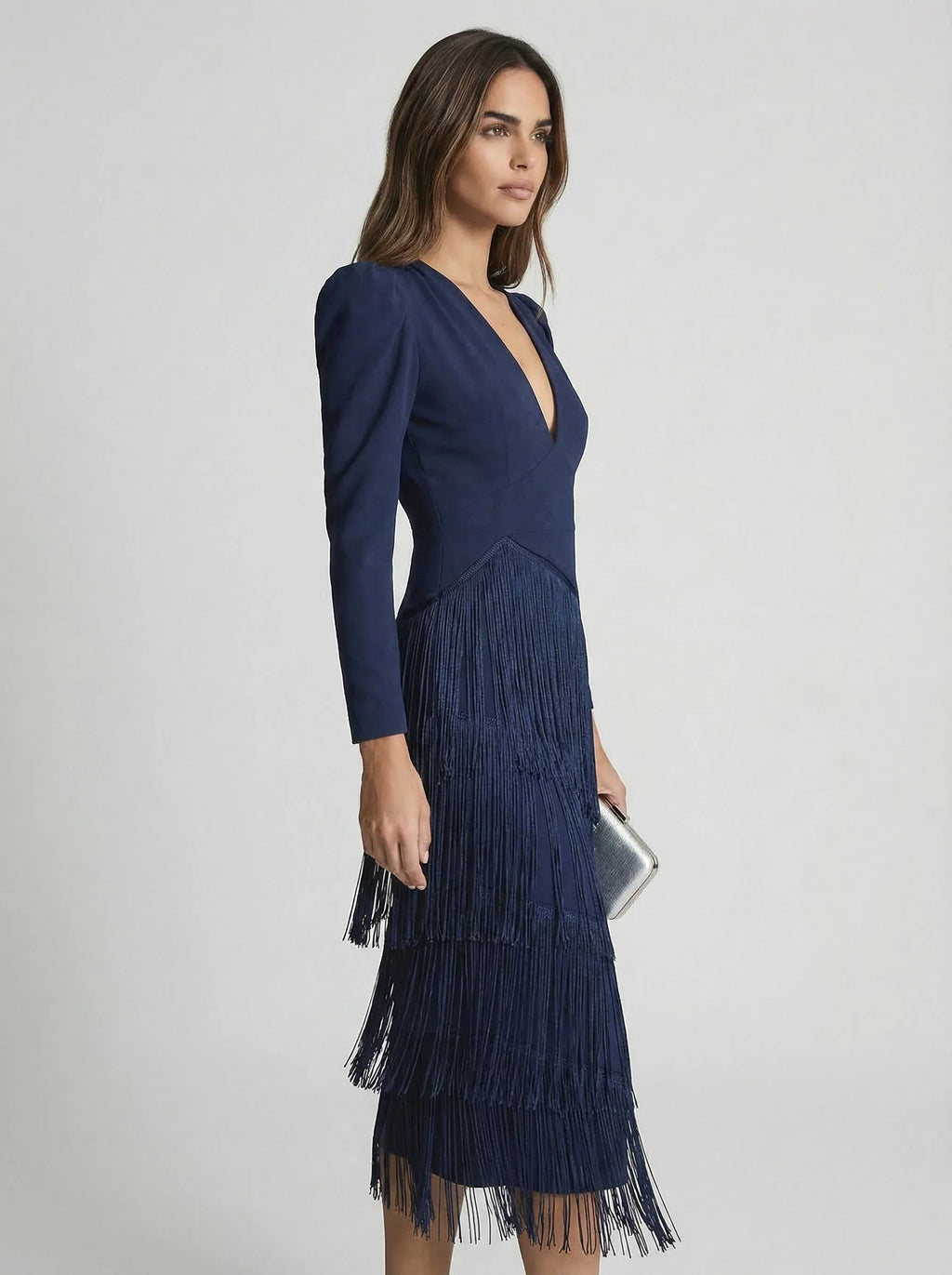 Nessa | Lange jurk met franjes voor dames – V-hals, gedrapeerde taille