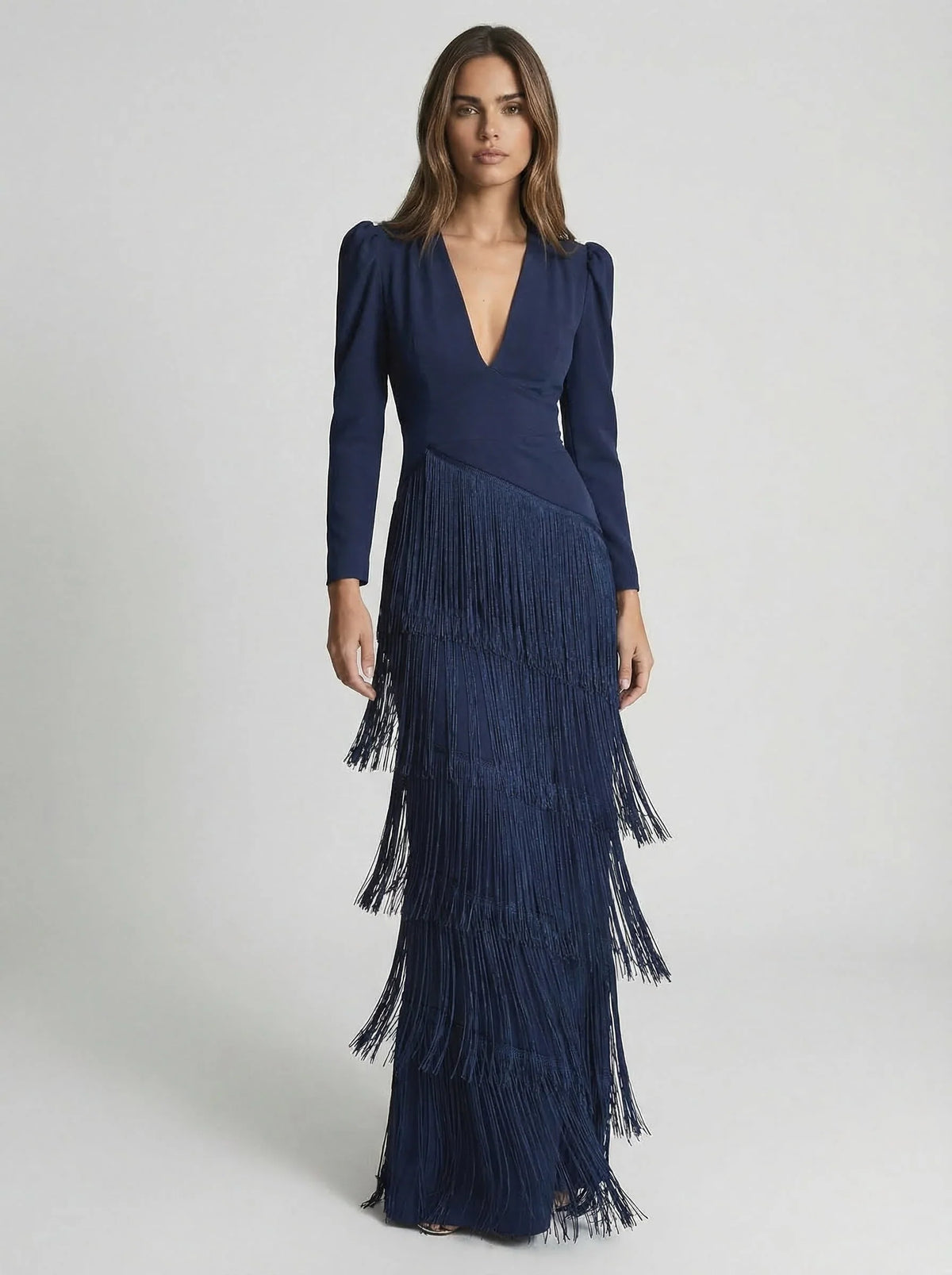 Nessa | Lange jurk met franjes voor dames – V-hals, gedrapeerde taille