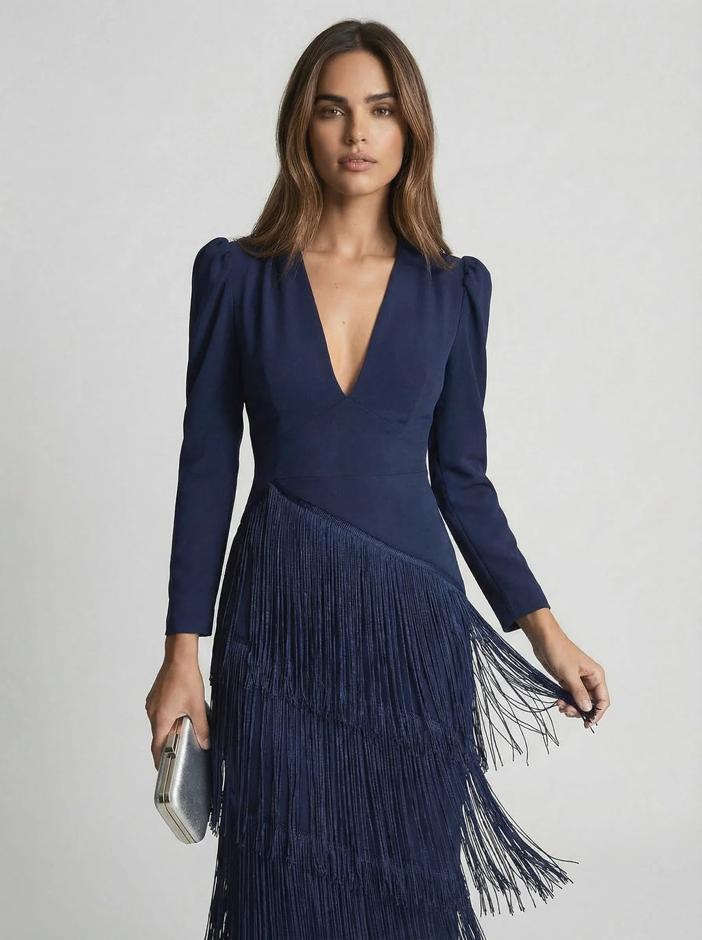 Nessa | Lange jurk met franjes voor dames – V-hals, gedrapeerde taille
