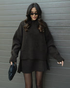 Cielora | Tweedelige set voor dames van geribbeld breiwerk: oversized trui en midirok met ronde hals