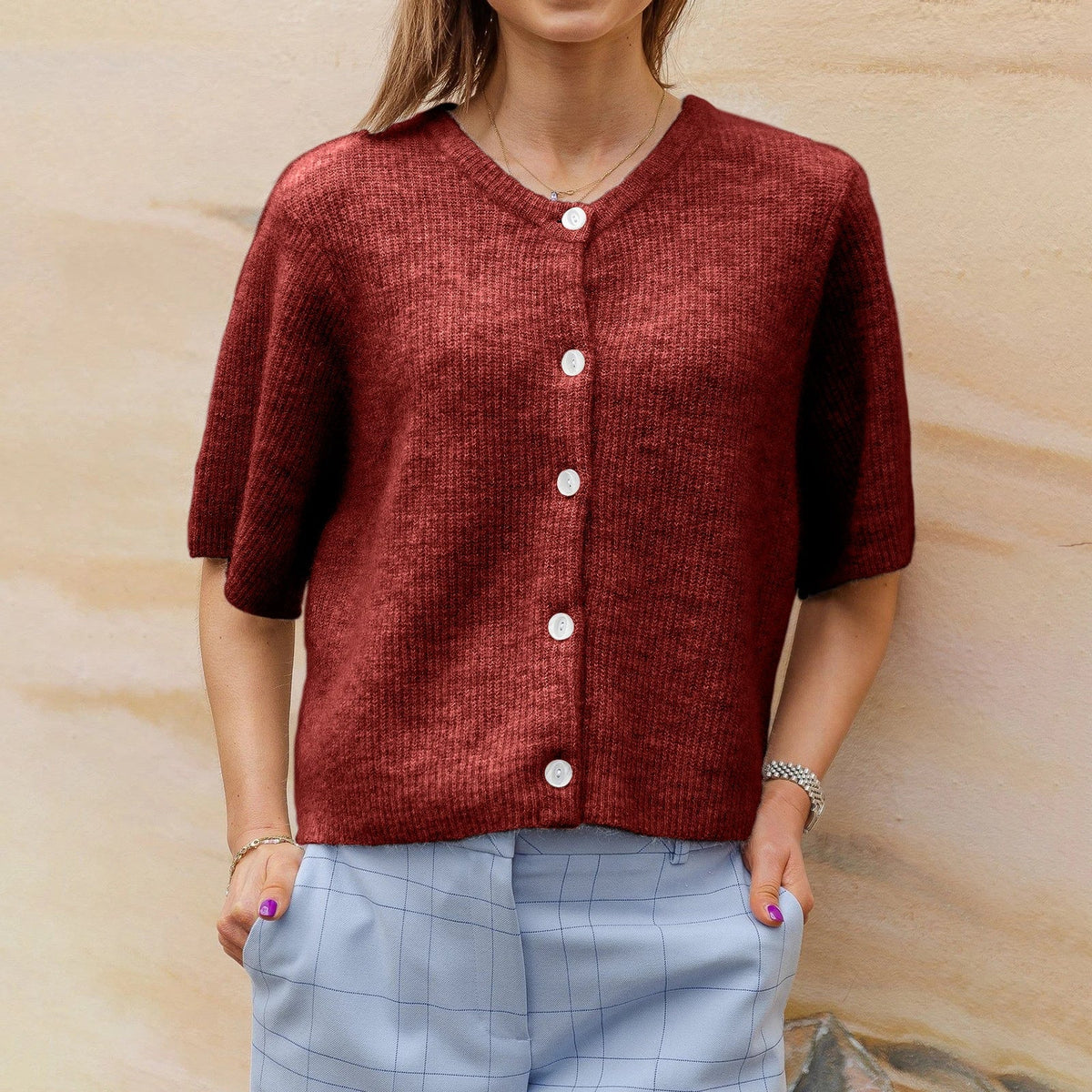 Roelina | Gebreid Vest Dames met Korte Mouwen – Lichtgewicht Cardigan