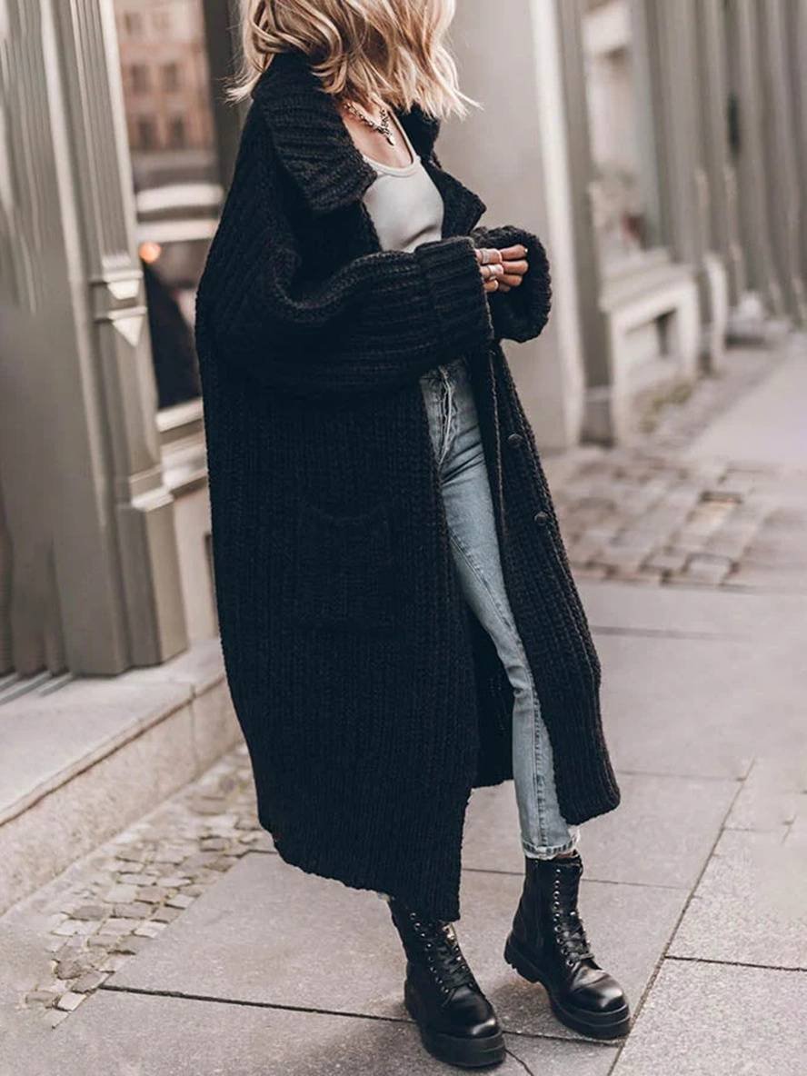 Lindy | Oversized, grofgeribd, lang model damesvest met reverskraag en zakken
