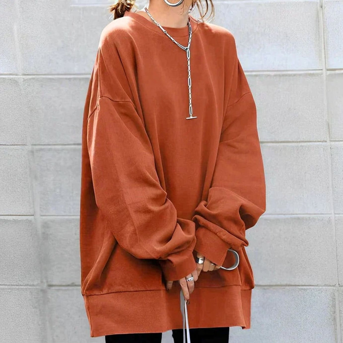 Ivarine | Oversized tuniektrui voor dames – Gebreide trui met lange mouwen, afhangende schouders en ronde hals