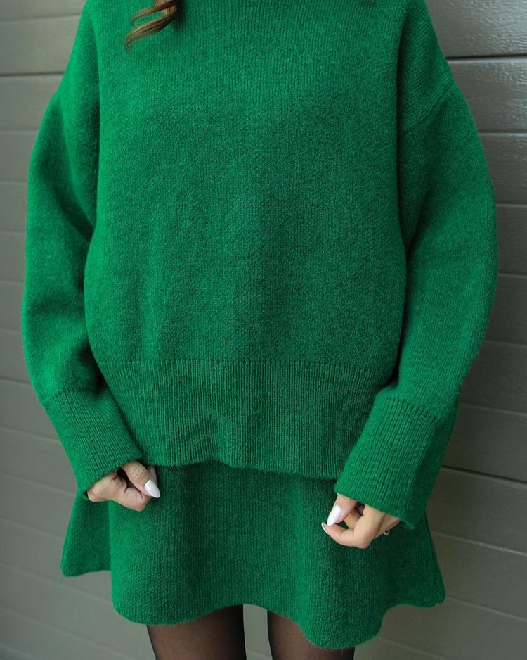 Cielora | Tweedelige set voor dames van geribbeld breiwerk: oversized trui en midirok met ronde hals